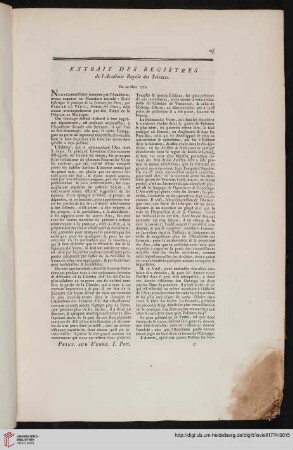 Extrait des registres de l'Académie Royale des Sciences