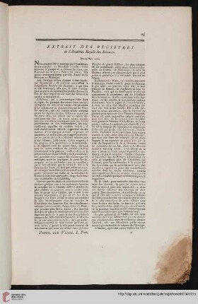 Extrait des registres de l'Académie Royale des Sciences