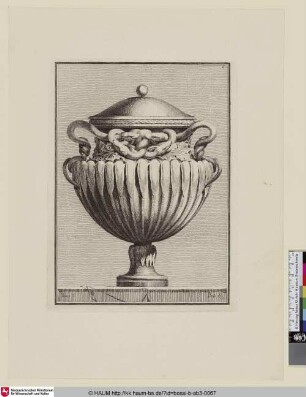 [Bauchige Vase mit Deckel und zu Henkeln stilisierten Schlangen, die sich aus dem Pflanzenornament des Bauches winden]
