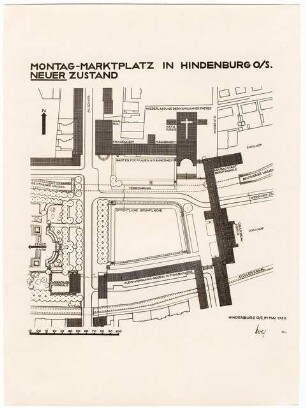Marktplatz, Hindenburg: Montag-Marktplatz, neuer Zustand: Lageplan, Maßstabsleiste