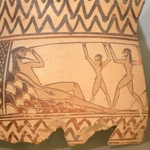Blendung Polyphems : Argos, Archäologisches Museum. Polyphemus Blendung. Halsfragment eines Kraters, Mitte 7. Jh. v. Chr.