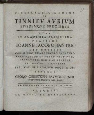 Dissertatio Medica De Tinnitu Aurium Eiusdemque Speciebus