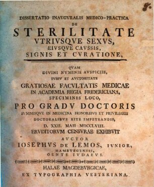 Dissertatio Inavgvralis Medico-Practica De Sterilitate Vtrivsqve Sexvs, Eivsqve Cavssis, Signis Et Cvratione