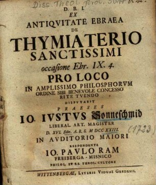 Ex Antiqvitate Ebraea De Thymiaterio Sanctissimi occasione Ebr. IX. 4.