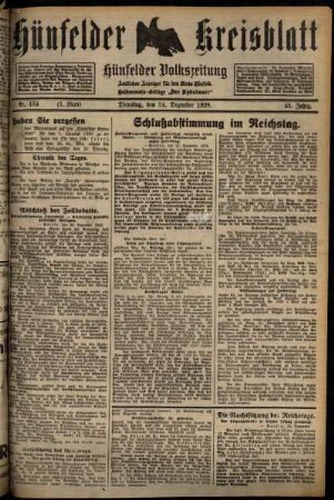 Erste Ausgabe vom Dienstag, den 24. Dezember 1929.