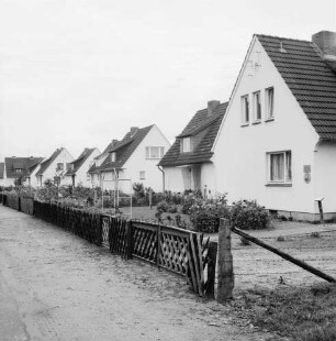 Lohe: Neubausiedlung: Reihe von Einfamilienhäusern mit Vorgärten und Jägerzaun