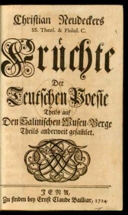 Christian Neudeckers SS. Theol. & Philol. C. Früchte Der Teutschen Poesie : Theils auf Den Salinischen Musen-Berge, Theils anderweit gesam[m]let