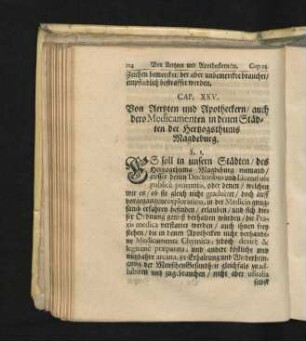 Cap. XXV. Von Aertzten und Apotheckern/ auch dero Medicamenten in denen Städten der Hertzogsthums Magdeburg.