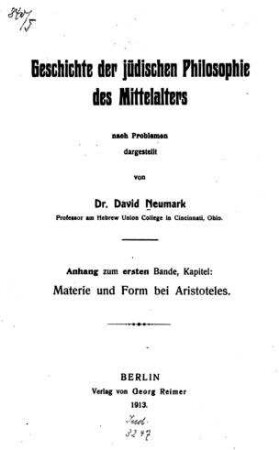 zum ersten Bande, Kapitel: Materie und Form bei Aristoteles