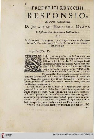 Frederici Ruyschii responsio, ad virum expertissimum D. Johannem Henricum Graetz […]
