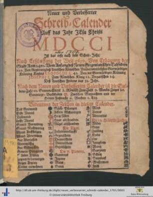 Neuer und verbesserter Schreib-Calender: ... auff das Jahr Jesu Christi MDCCI