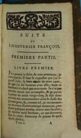 Suite De L'Aventurier François, Ou Mémoires De Grégoire Merveil, Marquis D'Erbeuil. 1
