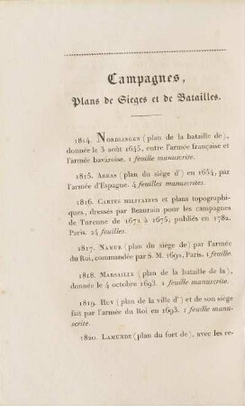 Campagnes, Plans de Sieges et de Batailles