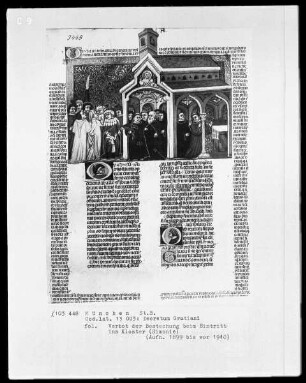 Decretum gratiani cum Glossa Ordinaria — Drei Miniaturen auf einer Buchseite