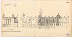 Getreidespeicher an der Oberspree, Berlin Monatskonkurrenz April 1895: Aufriss Wasseransicht, Seitenansicht 1:200; Maßstabsleiste