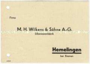 Bestellkarte für versilberte Tafelgeräte von der Firma Wilkens