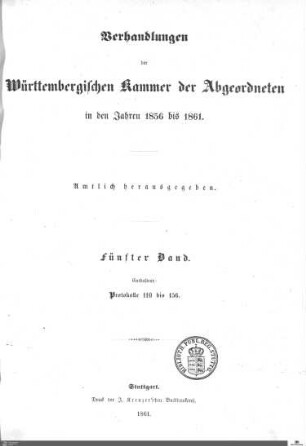 2,21: Landtag Württemberg - Kammer 2, Protokolle 1856-1861, Bd. 5
