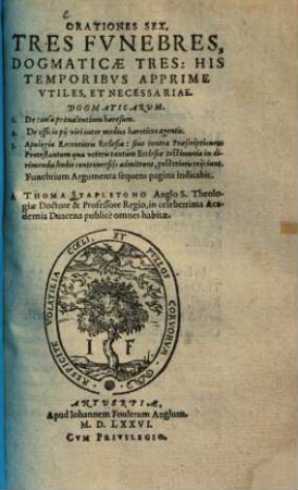 Orationes Sex, Tres Funebres, Dogmaticae Tres : His Temporibus Apprime Utiles, Et Necessariae