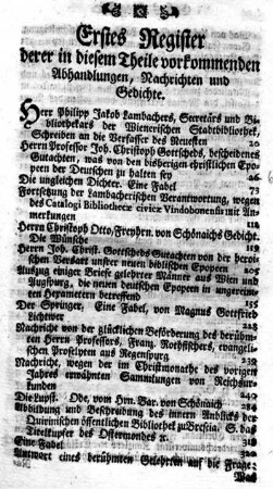 Erstes Register derer in diesem Theile vorkommenden Abhandlungen, Nachrichten und Gedichte.