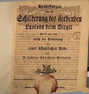 Anmerkungen über die Schilderung des sterbenden Laokoon beim Virgil : Aen. II. 199 - 233 ...