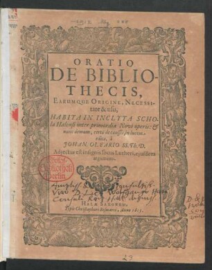 Oratio De Bibliothecis, Earumque Origine, Necessitate & usu