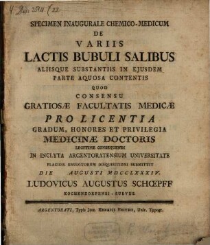 Specimen inaugurale chemico-medicum de variis lactis bubuli salibus : aliisque substantiis in ejusdem parte aquosa contentis ...