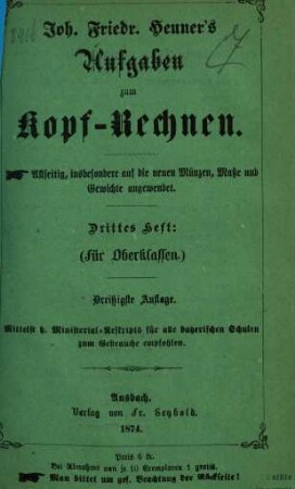 Aufgaben zum Kopf-Rechnen, 3. (Für Oberklassen)