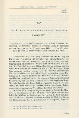 XCV Città Anseatiche - Francia - Gran Bretagna 9 giugno 1837