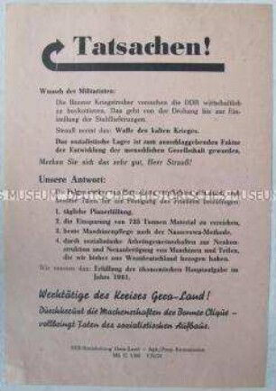 Propagandaflugblatt der Nationalen Front mit der Verpflichtung von Werktätigen des Felgenwerkes Ronneburg zu verstärkten Produktionsanstrengungen