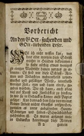 Vorbericht An den Gott-suchenden und Gott-liebenden Leser.