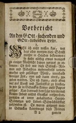 Vorbericht An den Gott-suchenden und Gott-liebenden Leser.