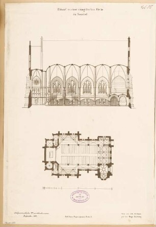 Evangelische Kirche, Neuwied Monatskonkurrenz September 1880: Grundriss Erdgeschoss, Längsschnitt; Maßstabsleiste