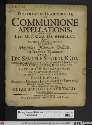 Dissertatio Inauguralis, De Communione Appellationis : Occasione Leg. Ult. Cod. De Appellat.