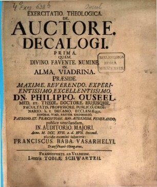Exercitatio. Theologica. De. Auctore. Decalogi, Prima