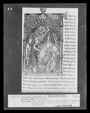 Roman des chevaliers de la table ronde, Artussage, fol. 245, Musizierende Damengesellschaft im Zelt von Rittern (Gawain?) überrascht