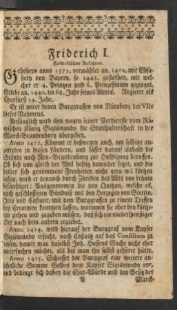 Friedrich I. Catholischer Religion.