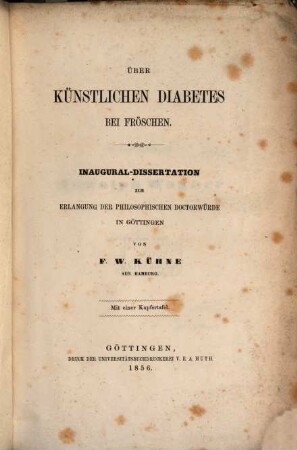 Über Künstlichen Diabetes bei Fröschen : Inaug.-Diss. Mit 1 Kupfertafel