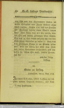 21. Gleim an Lessing. Halberstadt, den 22. Nov. 1758