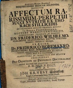 Disquisitionem Medicam Solennem, Sistentem Affectum Rarissimum, Perpetui Succi Nvtritii Ex Thorace Stillicidii