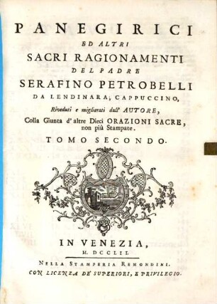 Panegirici ed altri sacri ragionamenti, 1,2. - 200 S.