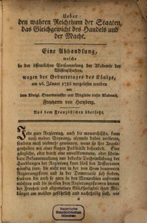 Ueber den wahren Reichthum der Staaten, das Gleichgewicht des Handels und der Macht