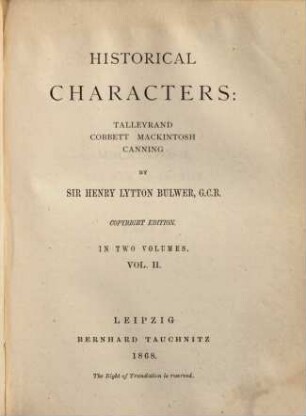 Historical characters: Talleyrand, Cobbett, Mackintosh, Canning. 2