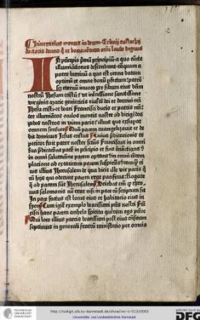 In principio primum principium a quo cuncte illuminationes descendunt tamquam a patre luminum a quo est omne datum optimum et omne datum perfectum...