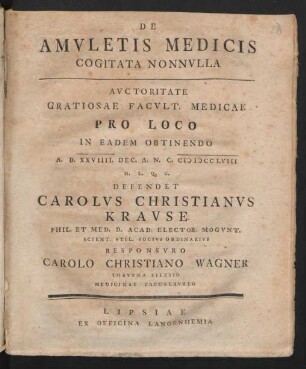 De Amvletis Medicis Cogitata Nonnvlla