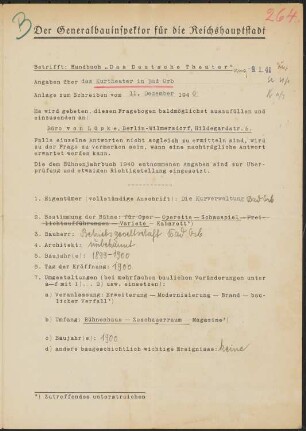 Kurtheater, Bad Orb: Fragebogen für das Handbuch »Das Deutsche Theater«, erste Fassung, vierseitiges Dokument