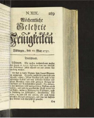 N. XIX. Tübingen, den 10. May 1737