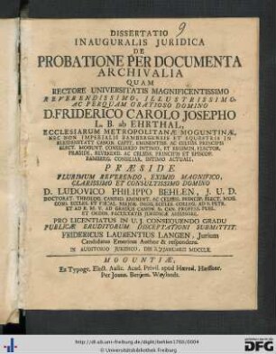 Dissertatio Inauguralis Juridica De Probatione Per Documenta Archivalia