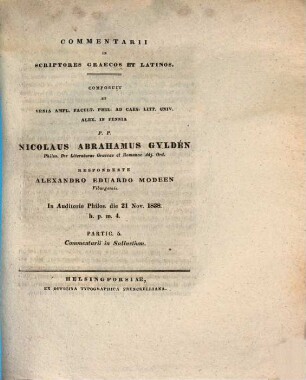 Commentarii in scriptores Graecos et Latinos, Partic. 5.. Commentarii in Sallustium