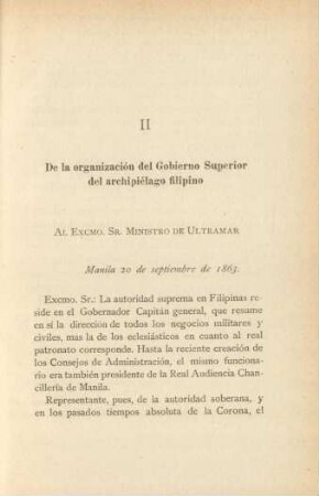 II. De la organización del Gobierno Superior del archipiélago filipino
