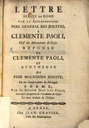Lettre écrite de Rome par le ... Père général des Jesuites à Clemente Paoli